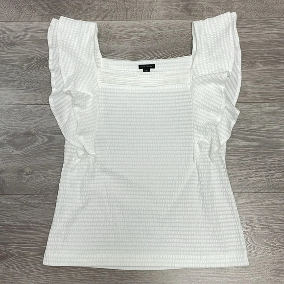 NWOT Ann Taylor Seersucker Square Neck Flutter Sleeve Shell Top White XS - Picture 6 of 14